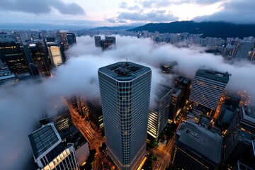 Fototapeta premium Osaka cityscape in the fog, where the tops of skyscrapers disappear into the mist, creating a moody and mysterious atmosphere