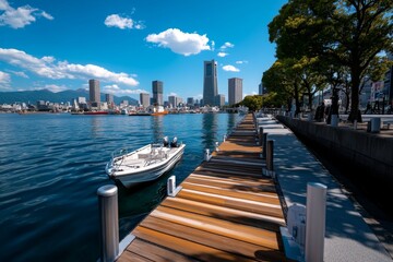 Fototapeta premium Osaka cityscape seen from the edge of the water, where industrial docks and modern architecture meet at the port