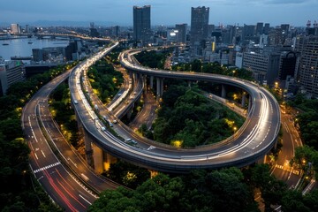 Naklejka premium Osaka's dense network of highways and bridges, weaving through the city like a complex web of concrete and steel
