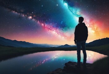 Silhouette of a man looking at the colorful universe, dreamy illustration, wall paper design