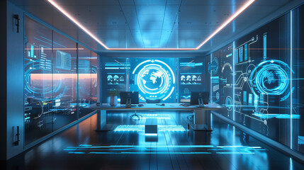 Futuristic office with interactive digital walls.