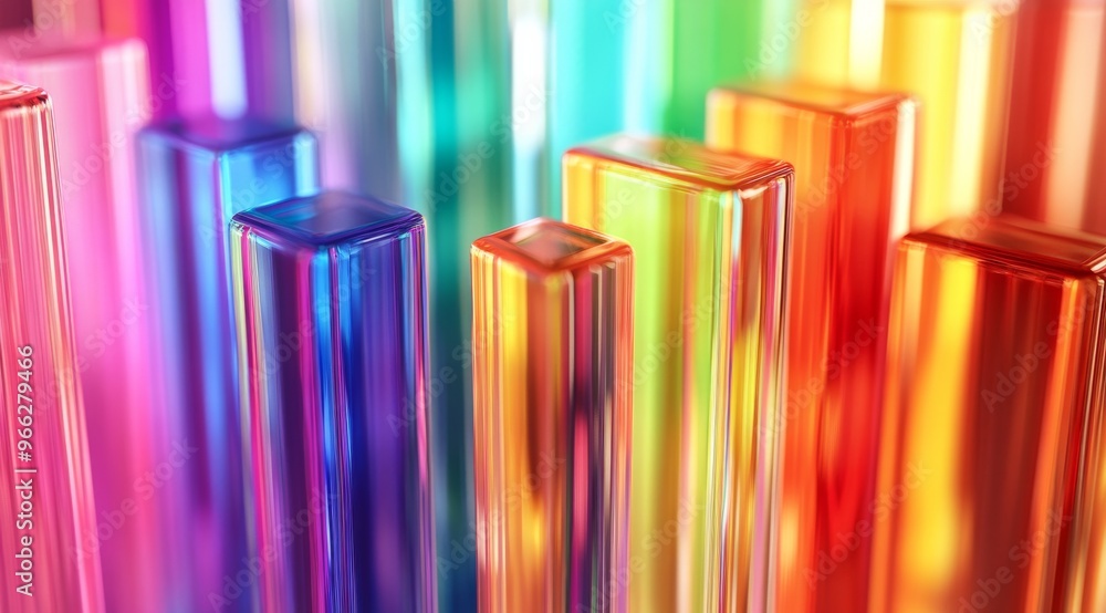 Poster colorful glass rods arranged in a vibrant pattern showcasing reflections and transparency