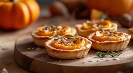 Delicious mini pumpkin tarts with nuts on a wooden serving board among autumn decor