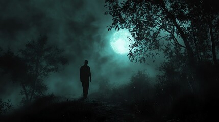 A solitary figure walks through a misty forest under a full moon, evoking feelings of mystery and solitude.