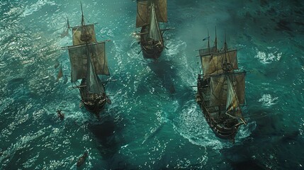 Three caravels leaving the port of Palos, year 1492 at eight in the morning, turquoise dark blue sea