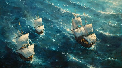Three caravels leaving the port of Palos, year 1492 at eight in the morning, turquoise dark blue sea