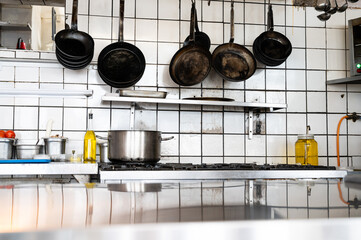 OLD style interior kitchen with stove and pan 