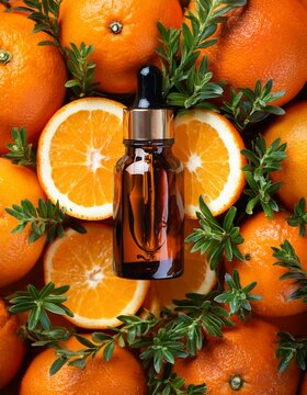 Amber glass bottle with pipette on top of porange in the background, oil essencial, laranja doce, aromatherapy, holistic medicine, vitamin C, Cosmetic, petitgrain