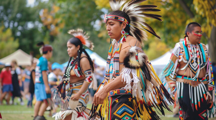 Indigenous Peoples' Day event with people celebrating through cultural performances, traditional attire, and community engagement.