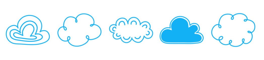 Collection with hand drawn cloud icons. Cartoon style elements. Vector illustration