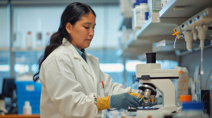 Indigenous scientist in a lab coat, analyzing samples in a high-tech laboratory setting.