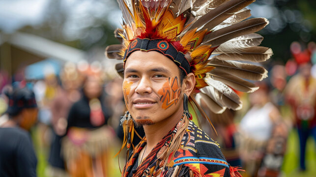 Indigenous man in traditional regalia standing confidently in front of a community gathering.