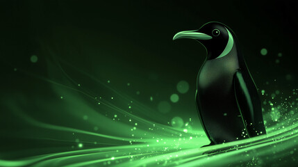 Wallpaper. Glowing Tux: Linux Mascot in Ethereal Green Aurora. Glowing Green Penguin