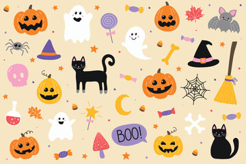 Fototapeta premium Collection of a hand drawn Halloween icons. Vector illustration