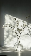 Flowering branches in a glass vase with shadows on wall