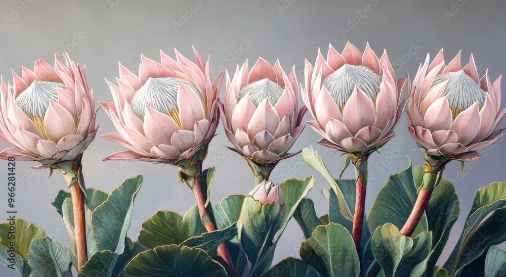 Canvas Prints Beautiful arrangement of protea flowers in soft pastel tones on a textured background