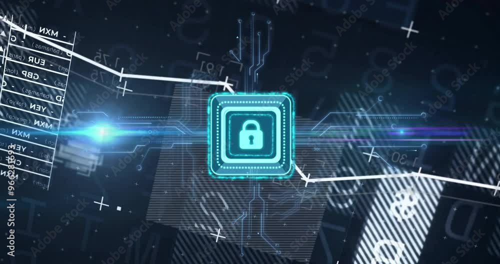 Poster animation of padlock icon over data processing on black background