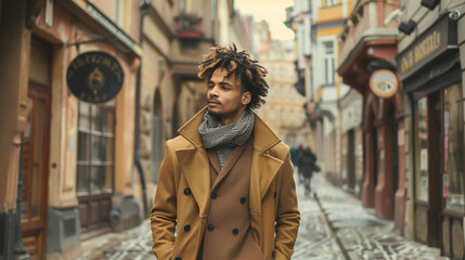Obraz premium Mixed-race man in a tailored coat and scarf, standing in a European-style street with a thoughtful, artistic pose.