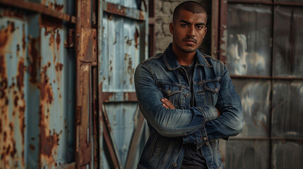 Obraz premium Mixed-race man in denim and leather, posing with arms crossed in front of a rustic, industrial backdrop, exuding toughness.