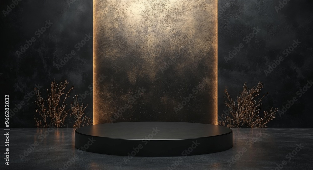 Poster minimalist circular pedestal with illuminated edge in a darkened studio environment