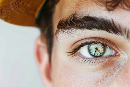 Keeping an eye on the time Close-up of a man&#039;s eye with a clock inside