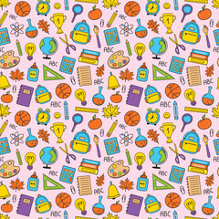 School background with hand drawn stationery. Seamless pattern. Vector illustration