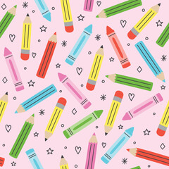 School background with cute cartoon crayons. Seamless pattern. Vector illustration