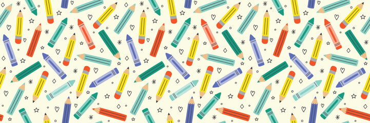 School texture with cartoon crayons. Back to school background design. Banner. Vector illustration