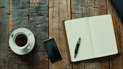 Open notebook with a pen, phone, and a cup of coffee on a wooden desk.