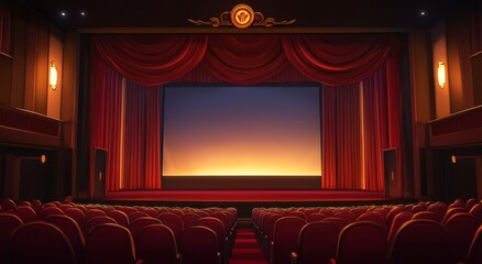 Cozy vintage movie theater with red velvet seats and dim lights, perfect for an evening film