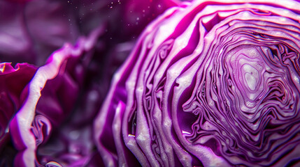 Obraz premium Purple cabbage cut in half, revealing intricate layers inside, with the vibrant color emphasized by soft lighting.