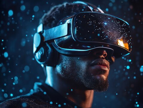 Immersive VR headset user captured in blue ambiance