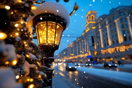 White lights wrapped around a lamppost, with snow falling gently, creating a picturesque holiday street scene