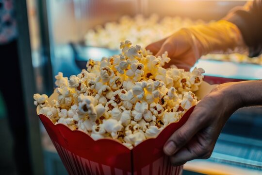 Close-up serving popcorn at a concession stand at the cinema Close-up on a woman serving popcorn at a concession stand at the cinema