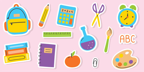 Set with school stickers. Cartoon supply icons. Vector illustration