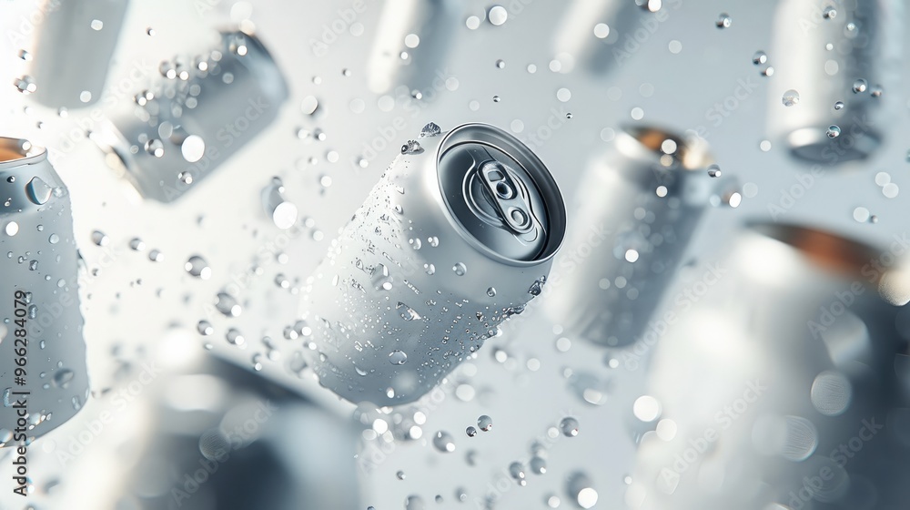 Poster a clean of white beer cans tumbling on a white background with soft, colorful lighting from differen