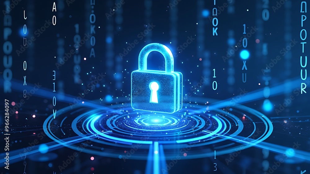Poster a digital padlock illustration with binary code and futuristic circles on a blue and white backgroun