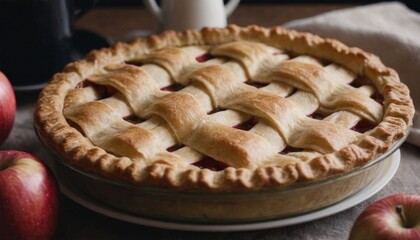 Homemade Apple Pie with Lattice Crust on a Plate with Apples