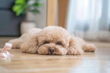 a toy poodle resting on floor a toy poodle with a pink ribbon resting