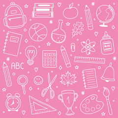 Collection of a hand drawn school icons. Cute stationery elements. Vector illustration