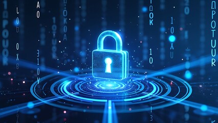 A digital padlock illustration with binary code and futuristic circles on a blue and white background, concept of cybersecurity