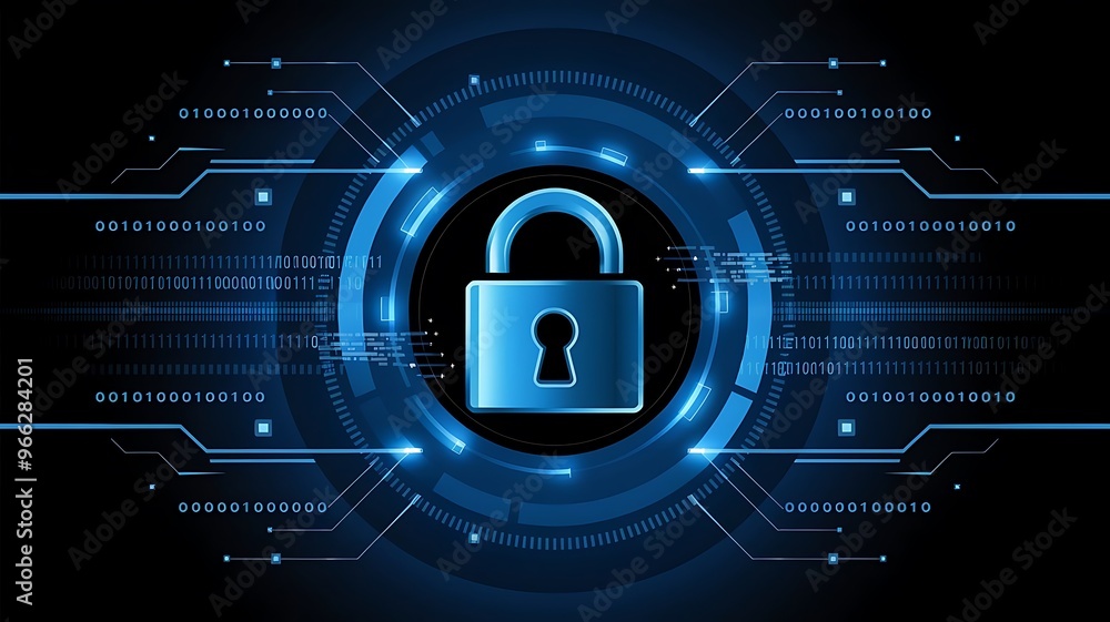 Poster a digital padlock illustration with binary code and futuristic circles on a blue and white backgroun