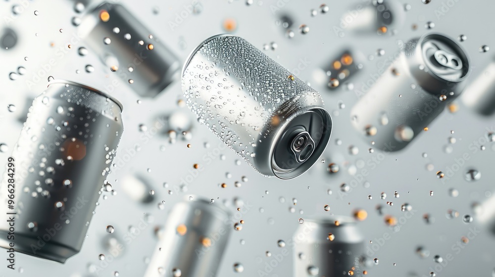 Poster a clean of white beer cans tumbling on a white background with soft, colorful lighting from differen
