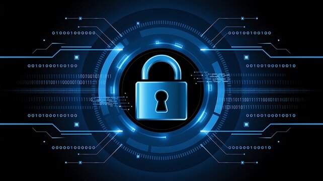 A digital padlock illustration with binary code and futuristic circles on a blue and white background, concept of cybersecurity