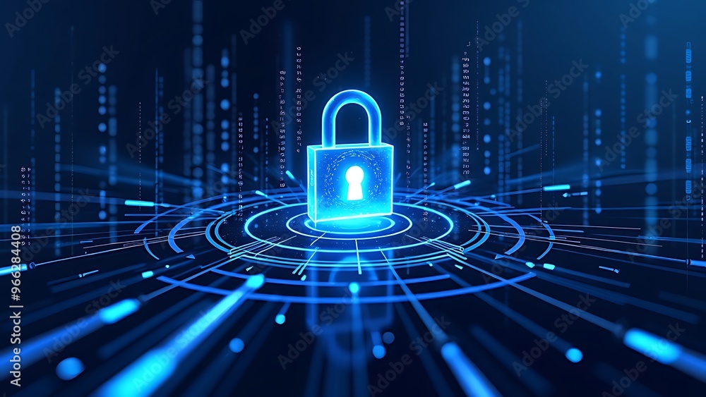 Poster a digital padlock illustration with binary code and futuristic circles on a blue and white backgroun