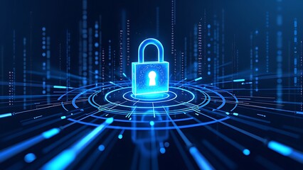 A digital padlock illustration with binary code and futuristic circles on a blue and white background, concept of cybersecurity