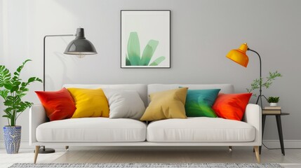 Cozy scandinavian inspired living room with white sofa and colorful pillows for artistic flair