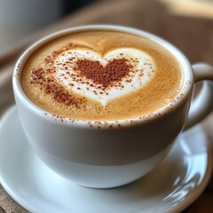 Obraz premium Close-Up of Coffee Cup with Heart-Shaped Latte Art