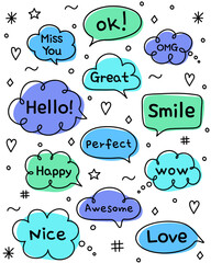 Colourful set with hand drawn speech bubbles. Cartoon chat boxes with handwritten text. Vector illustration