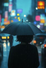 Obraz premium a woman walking on rainy night under an umbrella in a city street